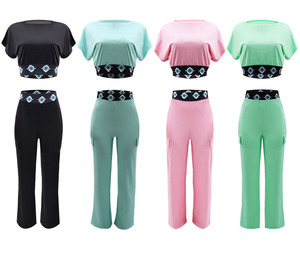 Hot Style Casual Soild Color Short Sleeve Crop Top Straight Leg Pants <b>Set</b> for Women Fashion - Product Image 2