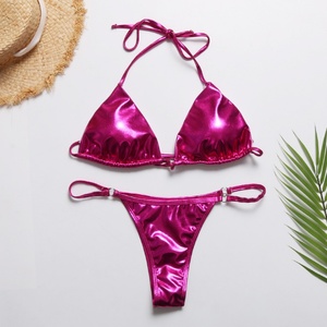 Bikini Metálico Triángulo Halter con Micro Tanga, de Secado Rápido, Sujetador Push-up y Braguita de Tanga en V, Brillante, de Dos Piezas para Mujer 2025 - Product Image 2