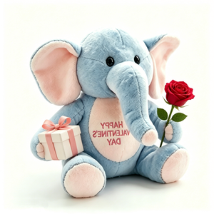 Customized Soft light blue sitting <b>elephant</b> plush with pink contrast accents, holding red rose and white pink ribbon <b>gift</b> box - Product Image 4