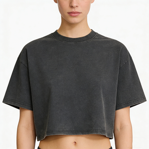 T-shirt Corta Estiva da Donna in Maglia Larga Traspirante 100% Cotone Lavaggio Acido Stile Retrò 240g a Maniche Corte - <span class=keywords><strong>Top</strong></span> Corto <span class=keywords><strong>Vintage</strong></span> - Product Image 1