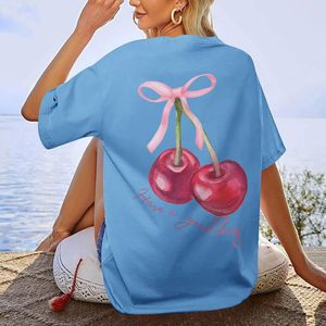 FOXA Oversized Cherry Printed T-Shirt Women 100% Cotton Breathable Summer Top With <b>Bow</b> Decoration - Product Image 3