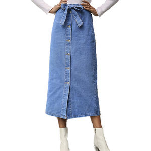 Faldas de mezclilla con autocinturón para mujer, falda larga de talla grande con botones, de cintura alta, por debajo de la rodilla - Product Image 1