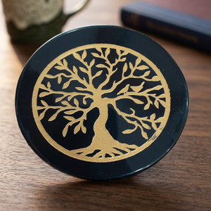 Disco Decorativo Circular de Ágata Negra Ecológico Hecho a Mano con Diseño del Árbol de la Vida Dorado para Decoración del Hogar, Práctica Espiritual Reiki - Product Image 1