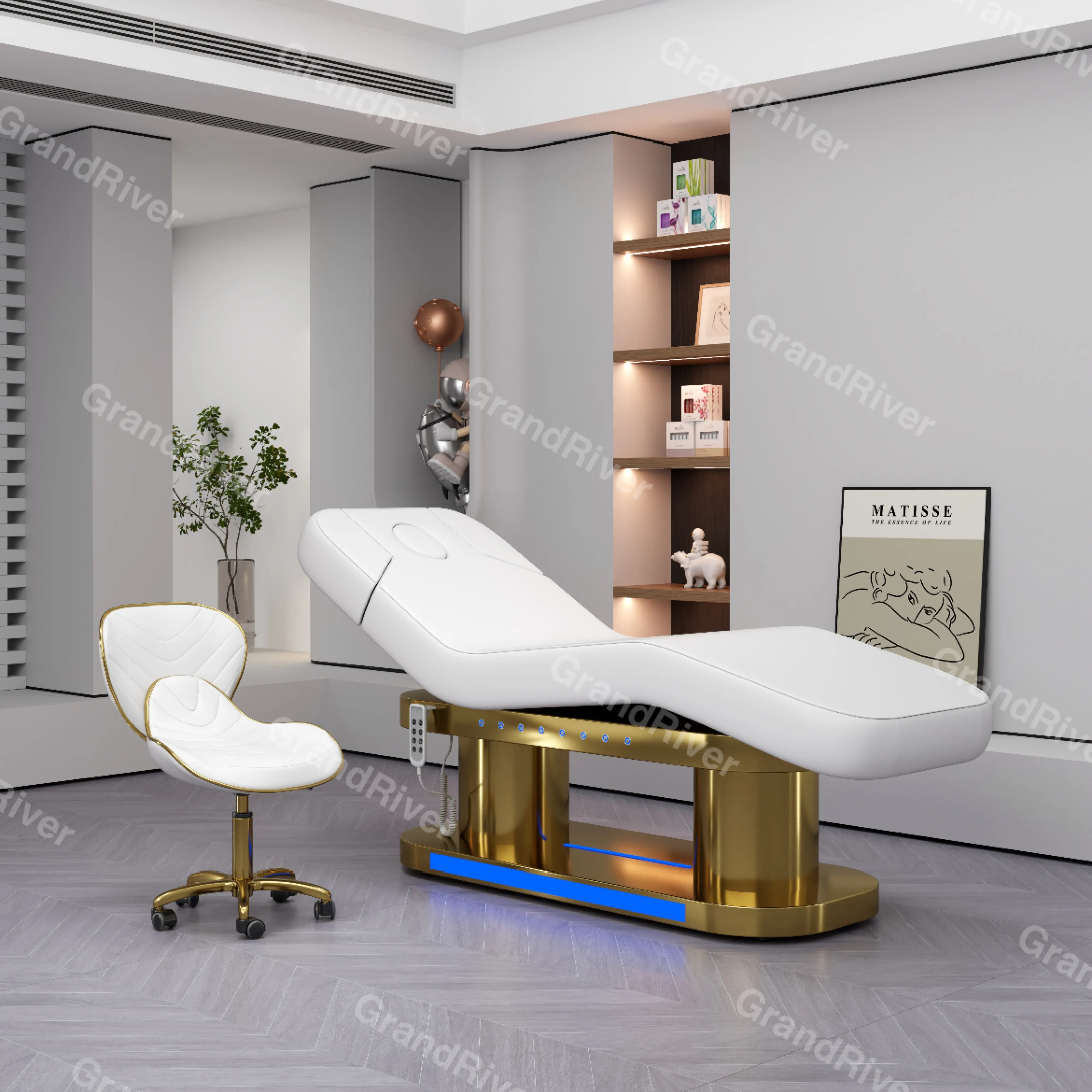 Mobilier de salon moderne et électrique Beauté du visage en cuir artificiel Traitement de spa Table de massage Lit de cils électriques incurvé avec base en or