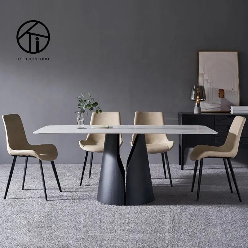 Conjunto moderno retangular nórdico de 2021, novo moderno, pedra branca, mármore falso e preto, perna de metal, mesa de mármore, mesa de jantar