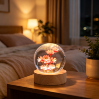 Lampe de nuit LED en boule de cristal de pissenlit véritable préservé, base en bois, globe de fleurs en résine, décoration d'intérieur, cadeau d'anniversaire