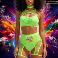Op maat gemaakte Jouvert carnavalskostuum dames rave outfits visnet top booty shorts choker 3-delige badpak private label bulk festivalkleding