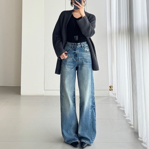 YUANBOFEI Celana <span class=keywords><strong>Jeans</strong></span> Denim Wanita Model Boyfriend Pinggang Tinggi, Lengan Lebar, Biru, Lurus, Kasual, Ramah Lingkungan, dan Bernapas - Product Image 1