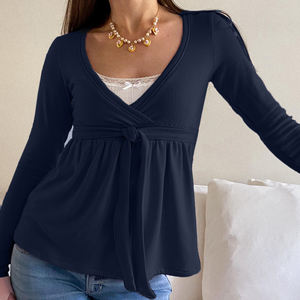 Camiseta de Punto Ecológica para Niñas, Cuello en V, Corte Ajustado en la Cintura, Manga Larga, Holgada, Color Puro y Simple - Product Image 6