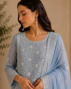 Fashion Three Piece <b>Chikankari</b> <b>Suit</b> Stitched with Embroidered Kurta Matching Bottom and Dupatta for Women Designer Party - Product Image 4