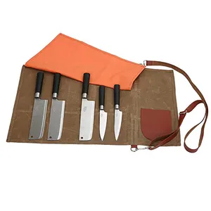Borsa a rullo per coltelli da cuoco portatile in tela cerata fornitore dorato Multi-tasche all'ingrosso con spalla in pelle