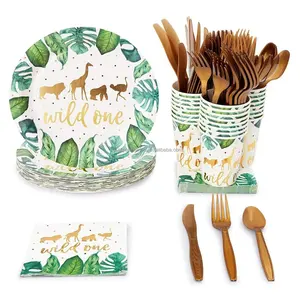 纸盘，火花和Bash 144件野生一派对用品，用于第一个生日装饰品，丛林野生动物园主题与盘子，