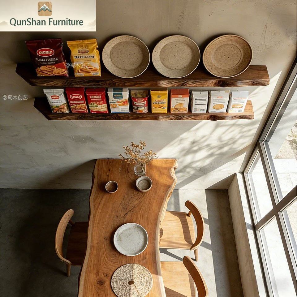 Food Table Rack Wood Solid Wood Wall-Mounted Kitchen Tableware Rack with Natural Wood ...