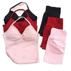 Conjunto Deportivo de Dos Piezas para Mujer, Estilo Europeo Americano, Top Deportivo y Pantalones Cortos, Ropa de Fitness, Cuello Halter, Espalda Descubierta, Yoga, Color Sólido - Product Image 5