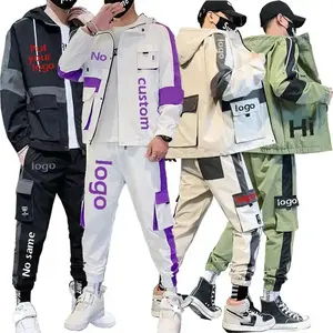 Custom Logo Street Wear Overalls Men's 2 Piece Track Suit Fashion Patchwork Cargo Pockets Tracksuit Sweatsuit Joggers Men