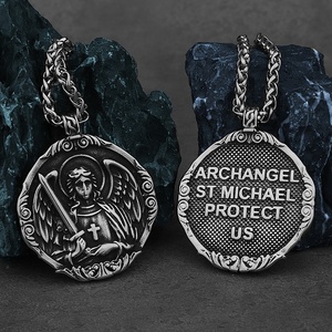 Pendentif vintage en acier inoxydable, archange, religieux, homme, ange gardien chrétien, saint Michel, protège-nous, croix, collier - Product Image 2