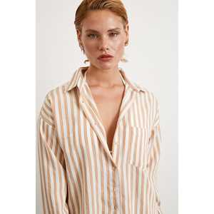 Chemise en lin rayée camel pour femme, décontractée, à boutons, pour tous les jours - Product Image 3