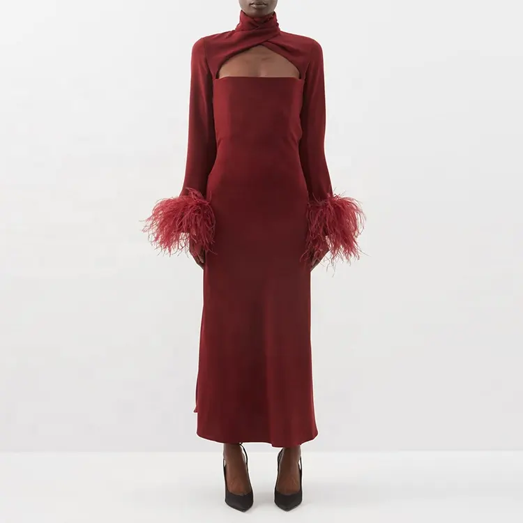 Stylish Wrap Neck Maxi Dress Women Long Sleeve Casual Dress Ostrich Feather Trim Crepe dress