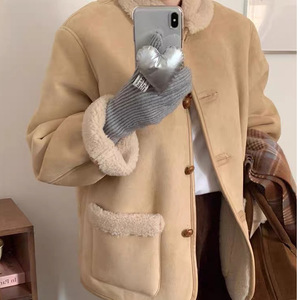 Women's Korean Style Suede Fleece Coat Khaki Loose Fit Warm Autumn Winter Outerwear - Product Image 3