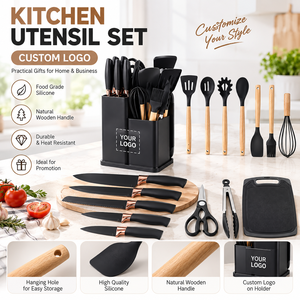 Wholesale 19PCS Custom Logo Silicone <b>Kitchen</b> <b>Utensil</b> Set Wooden Handle Cooking Tools with Cutting Board and Storage <b>Holder</b> for P - Product Image 1