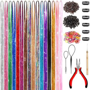 Extensions de cheveux en PET multicolores FUJIA, mèches colorées avec fil doré, effet laser, 200g - Product Image 1