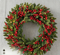 Guirlande de Noël pré-éclairée avec nœud en velours rouge, ornements variés, guirlande de Noël pour la décoration murale et de porte