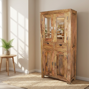 Armario moderno de madera maciza de Sheesham y vidrio, hecho a mano, con 4 puertas y 2 cajones, para sala de estar, hotel o casa de campo. - Product Image 6