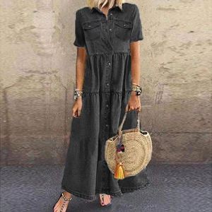 Robe en jean bleu à manches courtes, longue, Maxi, Denim, grande taille, été 2020 - Product Image 3