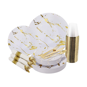 White And Gold Plastic Plates With Plastic Marble Design Disposable Plastic Dinnerware Ideal For Weddings And Parties