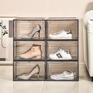 Manyetik kapı ile sneaker şeffaf plastik istiflenebilir şeffaf katlanır sneaker saklama kutusu katlanabilir ayakkabı kutusu