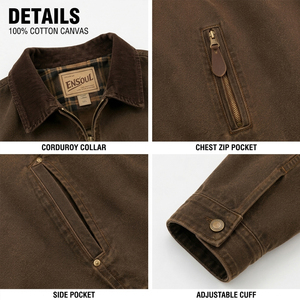 Veste de travail surdimensionnée personnalisée en toile délavée style vintage, col en velours côtelé, doublure à carreaux, fermeture éclair intégrale, manteau rétro streetwear, OEM - Product Image 2