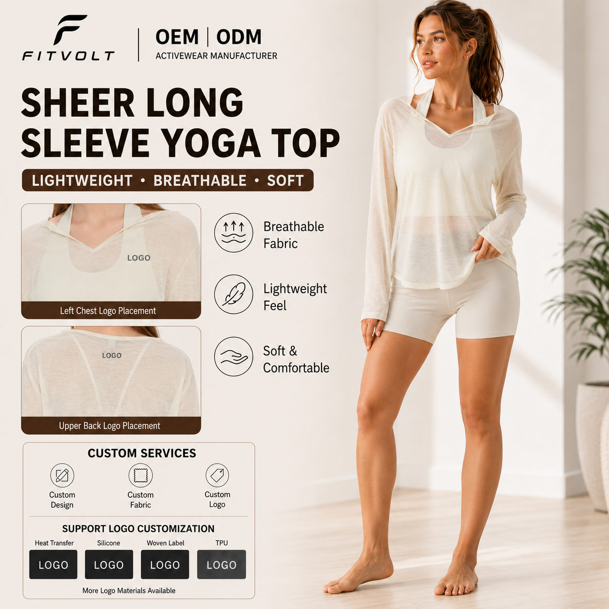 FITVOLT Breathable Four-Way Stretch Sweat-Wicking Loose Loungewear Sports Casual Long Sleeve V-neck Hazy Texture Women's Yoga