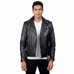 Custom <b>Men</b> Black Leather Biker <b>Jacket</b> Classic Motorcycle <b>Jacket</b> With Belt Slim Fit Male Fashion Streetwear Outerwear OEM - Product Image 1