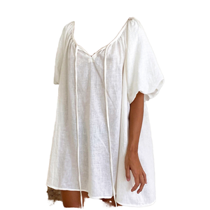 White <b>Linen</b> V-Neck Sleep <b>Top</b> With Drawstring Closure Short Sleeve Casual Women Summer Breathable Knee Length Sleepwear - Product Image 1