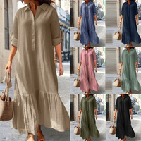 Robe longue décontractée en polyester, nouveau style 2026, à manches longues, coupe ample, avec volants, motif uni, taille naturelle, pour 261700S
