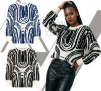Tunique en tricot texturé bouclé jacquard noir et blanc pour femme, coupe mi-longue, style rétro artistique