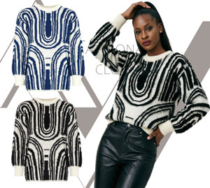 Maglione Tunicato da Donna in <span class=keywords><strong>Maglia</strong></span> Jacquard Curva Bianco e Nero, Morbido e Testurizzato, Lunghezza Media, Stile Retrò Artistico - Product Image 2
