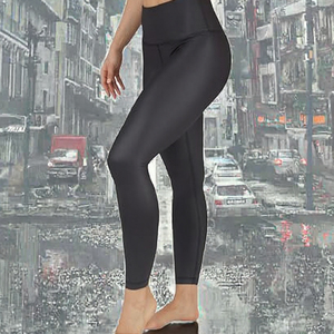 Mid Waist Full Length Seamless Waterproof Yoga <b>Leggings</b> Solid <b>Black</b> <b>Leather</b> Elastic Waist Closure Women's - Product Image 3