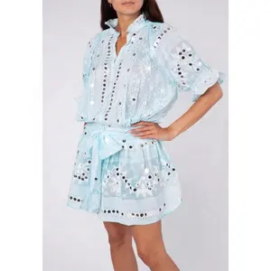 Exotic Turquoise Delicate Mirror Embroidery & Embellished Detailing Nomad Print Indian Art Balloon Sleeve Dress For Any Occasion