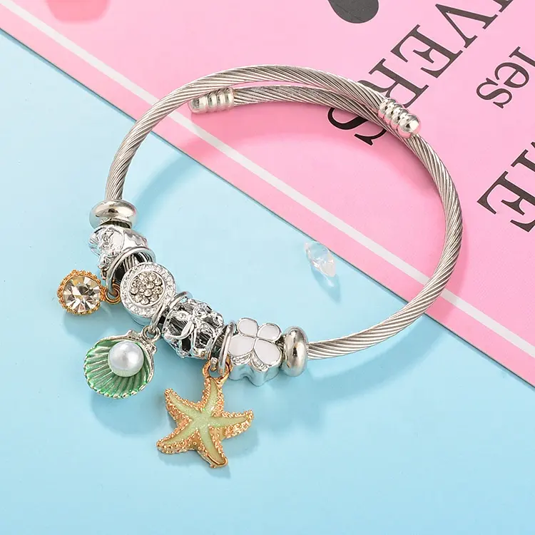 Modalen Stainless Diy Bead Starfish Crystal Shell Adjustable Pearl Bracelet