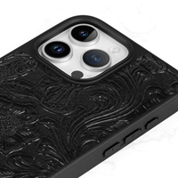 Étui de téléphone personnalisé en cuir microfibre pour iPhone 15 Pro Max, motif floral en relief 3D, techniques de gravure protectrices
