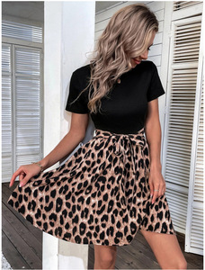 <span class=keywords><strong>Robe</strong></span> T-<span class=keywords><strong>shirt</strong></span> mi-longue décontractée pour femme, motif léopard color block, à manches courtes, col rond, taille à nouer, coupe trapèze fluide style skater 2026 - Product Image 2