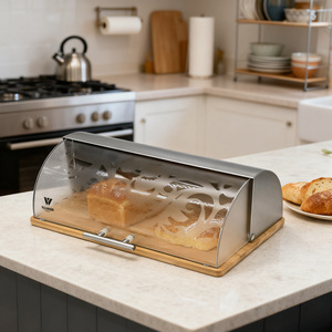 Boîte à pain en acier inoxydable avec planche à découper en bambou 38x27x14cm, rangement de cuisine pour pain frais - Product Image 5