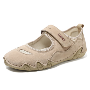 Chaussures de sport d'été tendance pour femmes, en cuir véritable, décontractées, avec fermeture velcro sur le dessus, chaussures simples en couleur unie - Product Image 5