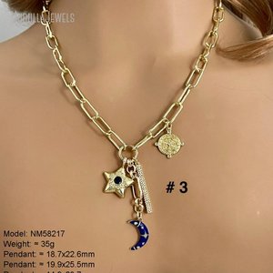 Collana a strati multi-ciondolo NM58214 con luna in smalto blu, stella in zirconia cubica, barra, bussola e ciondolo occhio turco, gioielli da donna, regalo per lei - Product Image 6