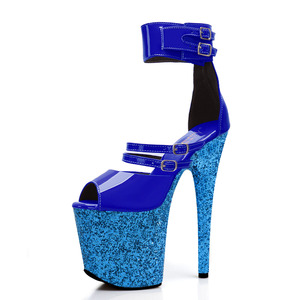Sandali da donna con plateau da 8 pollici, tacco a spillo, fibbia blu, glitter, tacco avvolto in camoscio, sexy, fetish, gotico, punk, con strass - Product Image 1