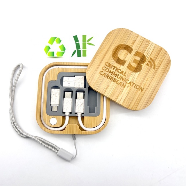 Custom Logo Multifunctional 6 in 1 Bamboo Type C Charging Data Cable 6-in-1 60W Storage Box Phone Charger Data Bamboo Cable Set
