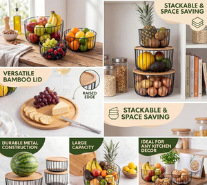 <span class=keywords><strong>Panier</strong></span> à fruits pour comptoir de cuisine, <span class=keywords><strong>panier</strong></span> empilable <span class=keywords><strong>avec</strong></span> <span class=keywords><strong>couvercle</strong></span> en bambou, <span class=keywords><strong>panier</strong></span> en métal pour fruits et légumes, petite, moyenne et grande taille - Product Image 6