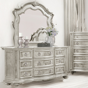 Mesa de Noche de Lujo con Panel Repujado y Herrajes Ornamentados, Mesita de Noche Metálica Plateada Glam para Dormitorio - Product Image 2