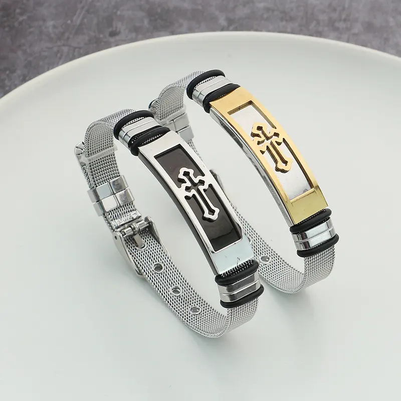 Wholesale pulseras para hombre gold plated cross mesh watch belt stainless steel accessories men's bracelet